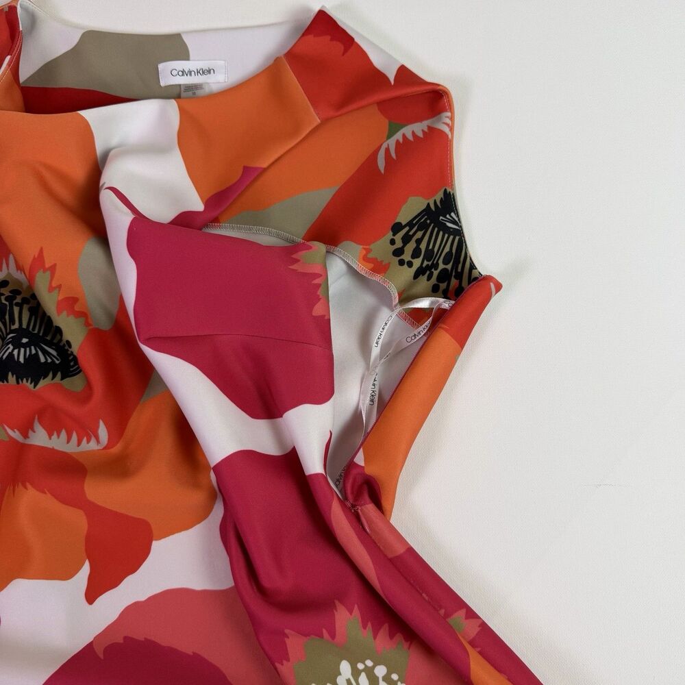 Calvin Klein Floral Sheath Midi Dress Women's 12 Pink Orange Bold Career Office - Picture 11 of 16
